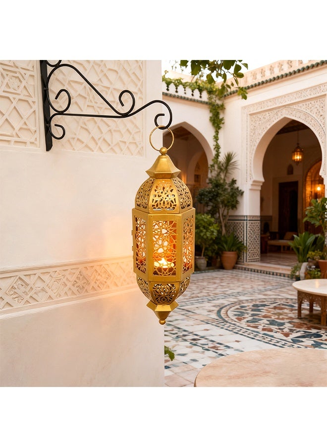 تركيبات إضاءة رمضان وفانوس مجوف بإضاءة الشموع - حرف يدوية على الطريقة المغربية، ديكور منزلي قديم الطراز مناسب للداخل والخارج وللإهداء - Image 1